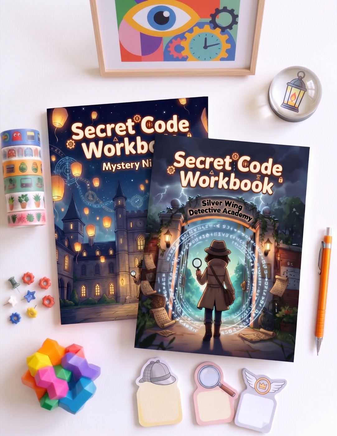 Two Silver Wing Detective Academy Secret Code Workbooks laid out on a table with detective stickers, washi tape and stationery