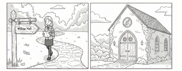 Comic panel of a young detective following a signpost to Willow Hall, then arriving at a cottage door