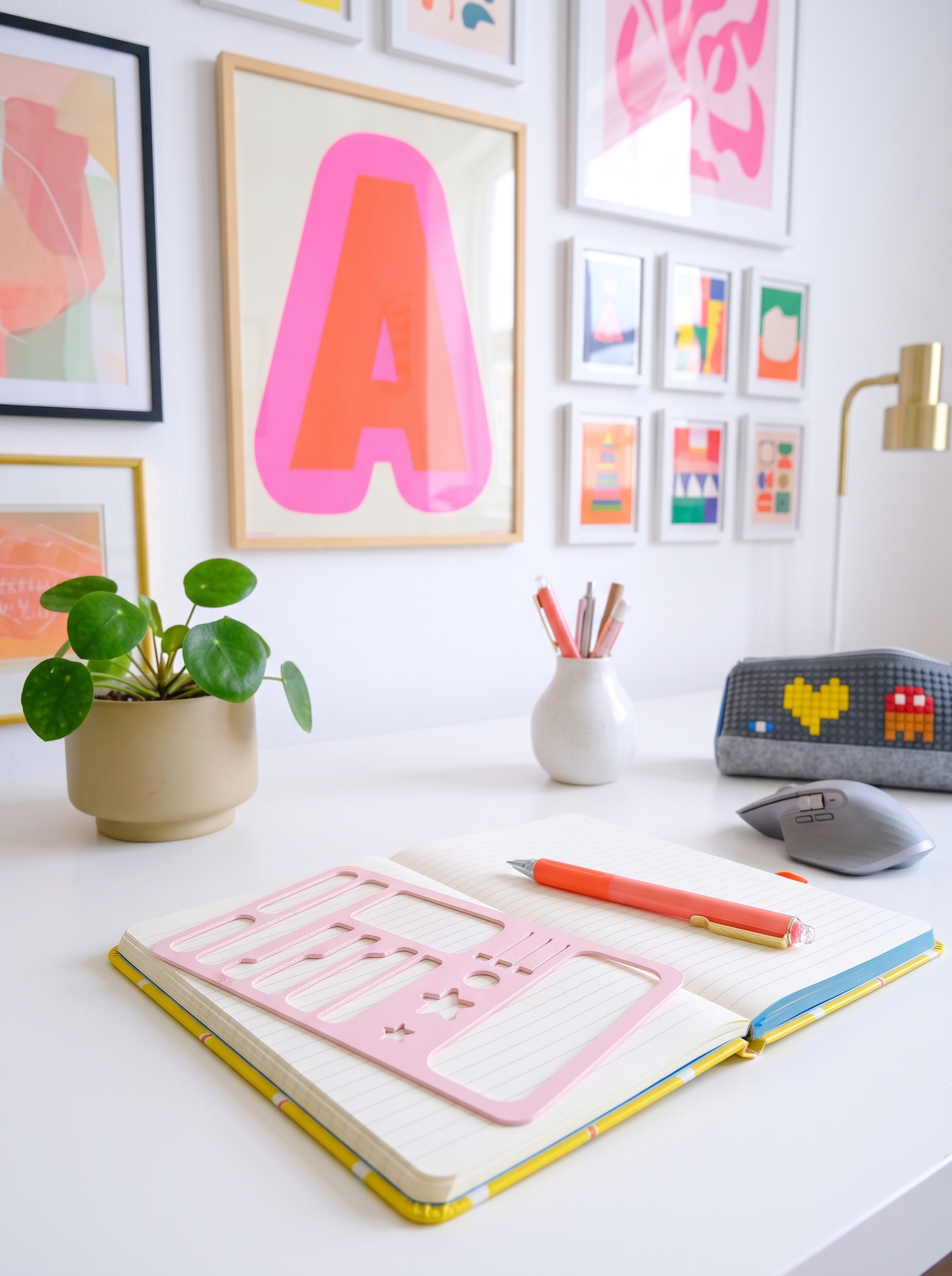 A pink Stencil lying across an open notebook on a bright desk