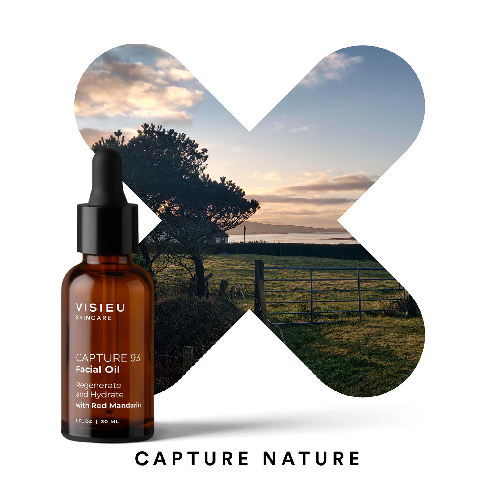 Visieu skincare: a facial oil bottle in front of an X-shaped window onto the Mayo landscape